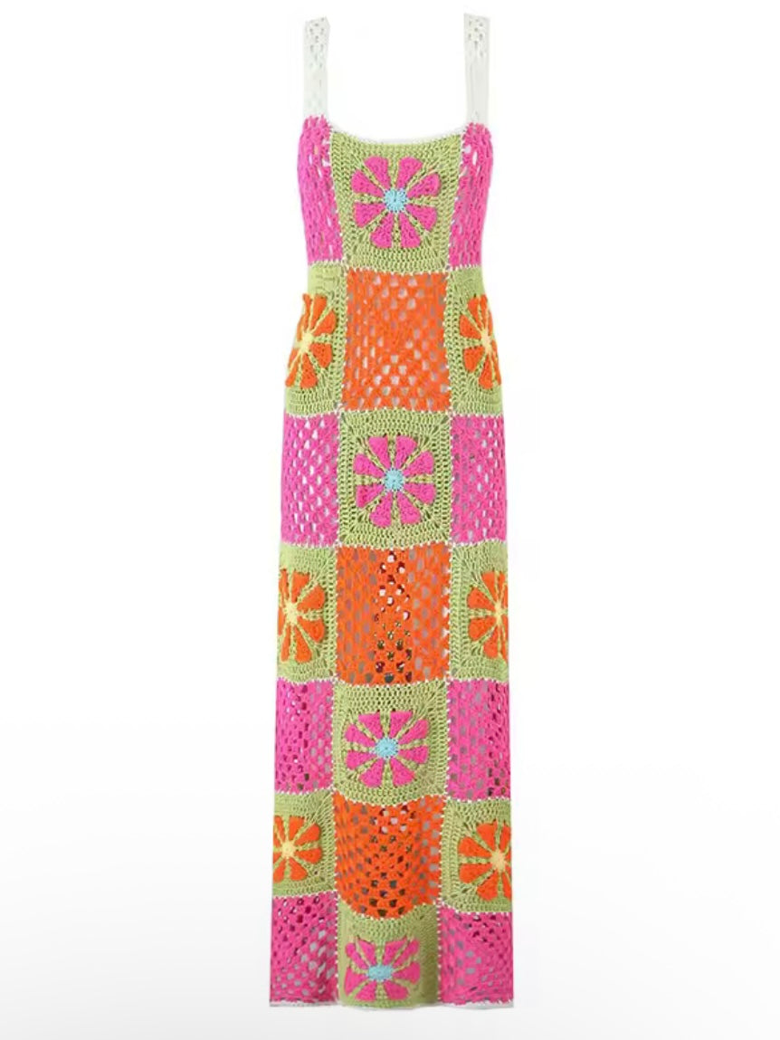 Green orange and pink floral crochet maxi dress