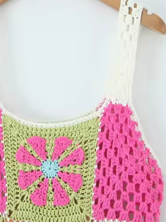 Green orange and pink floral crochet maxi dress