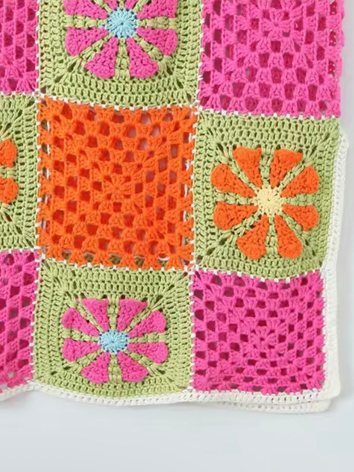 Green orange and pink floral crochet maxi dress