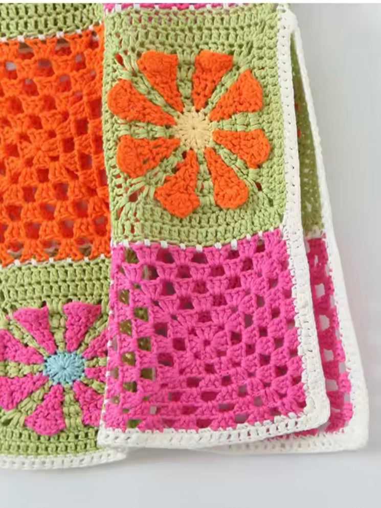 Green orange and pink floral crochet maxi dress