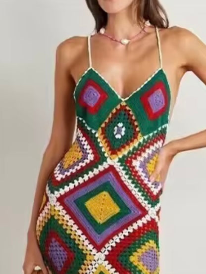 Green geometrical knitted crochet maxi dress