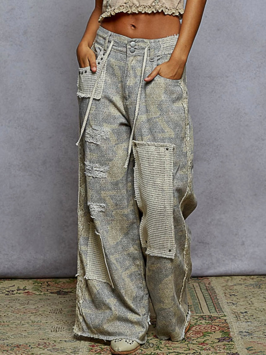 Grey and blue light camouflage print patched joggers pants
