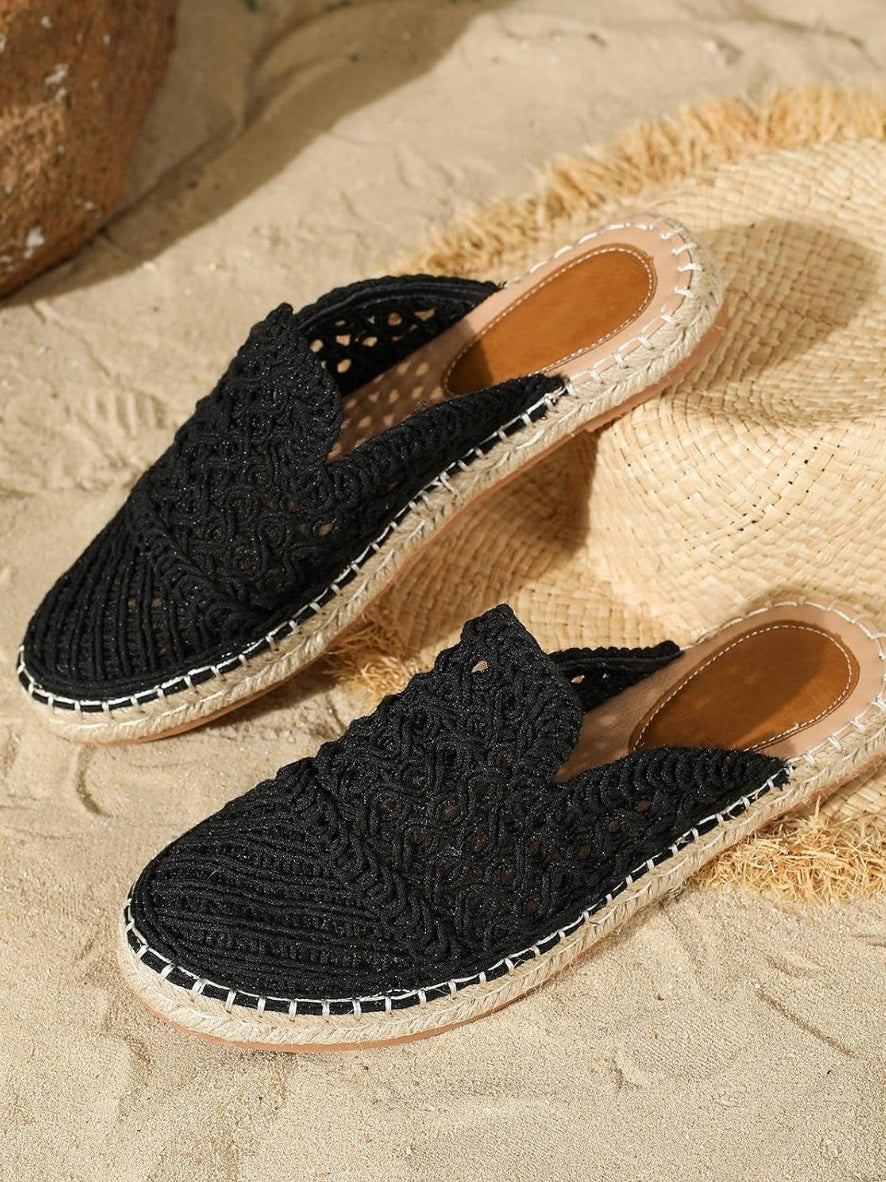 Beige floral embroidered espadrilles flats mules