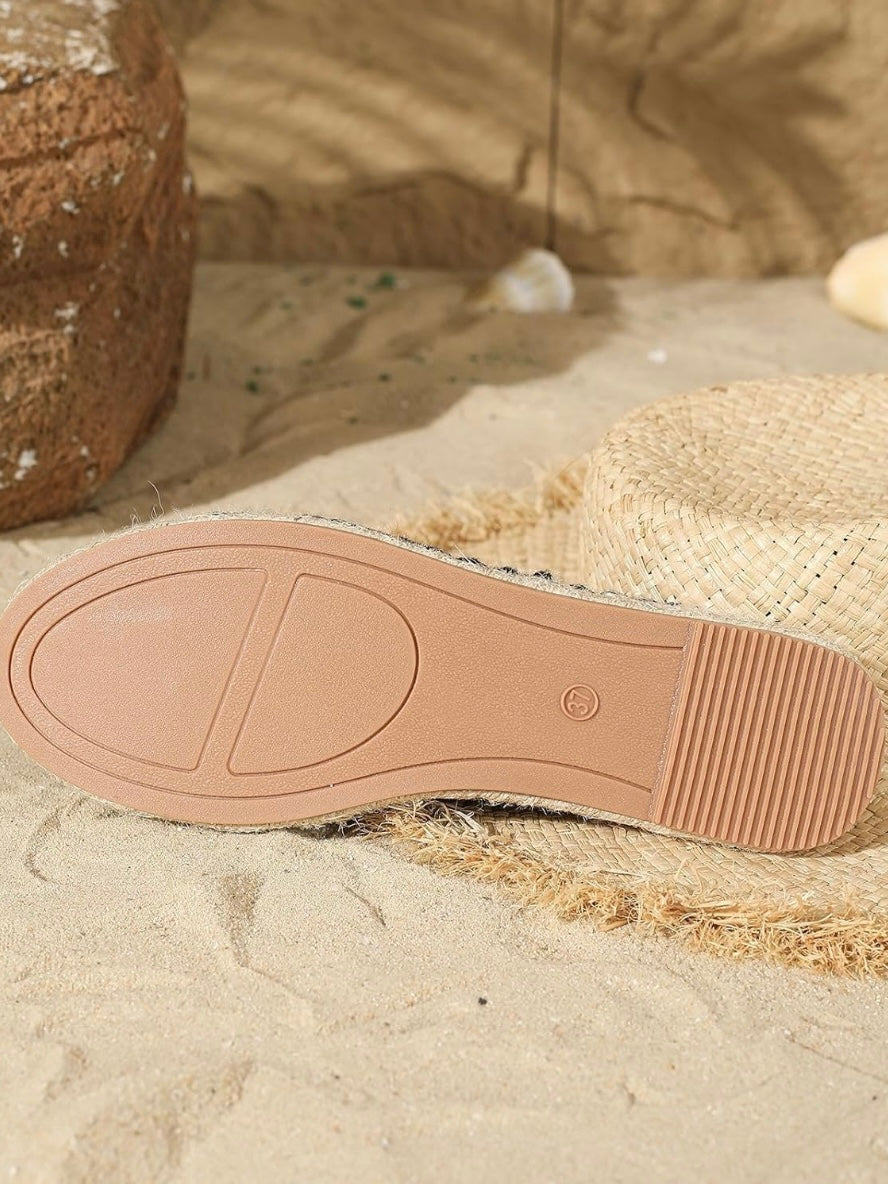 Beige floral embroidered espadrilles flats mules