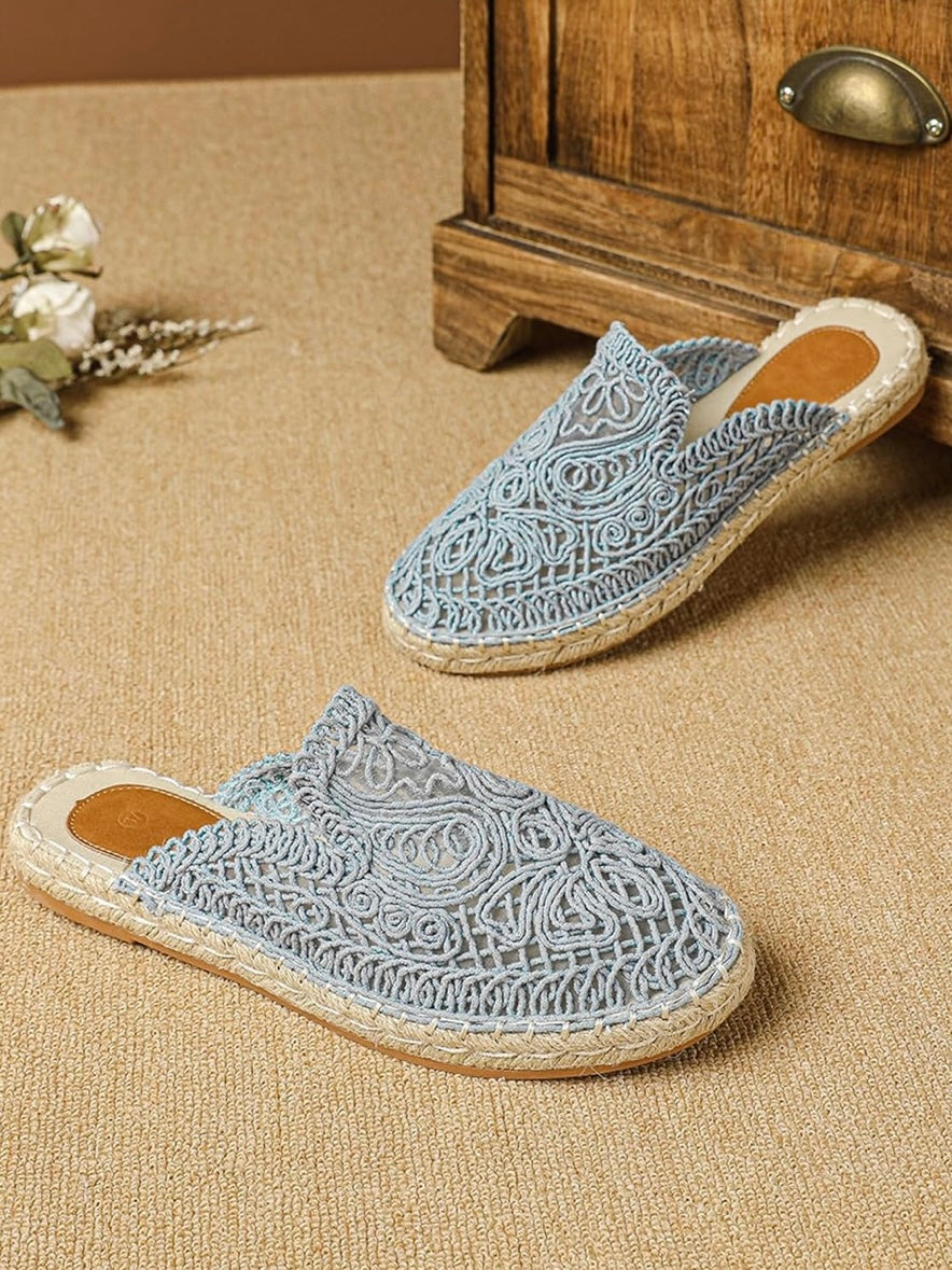 Beige floral embroidered espadrilles flats mules