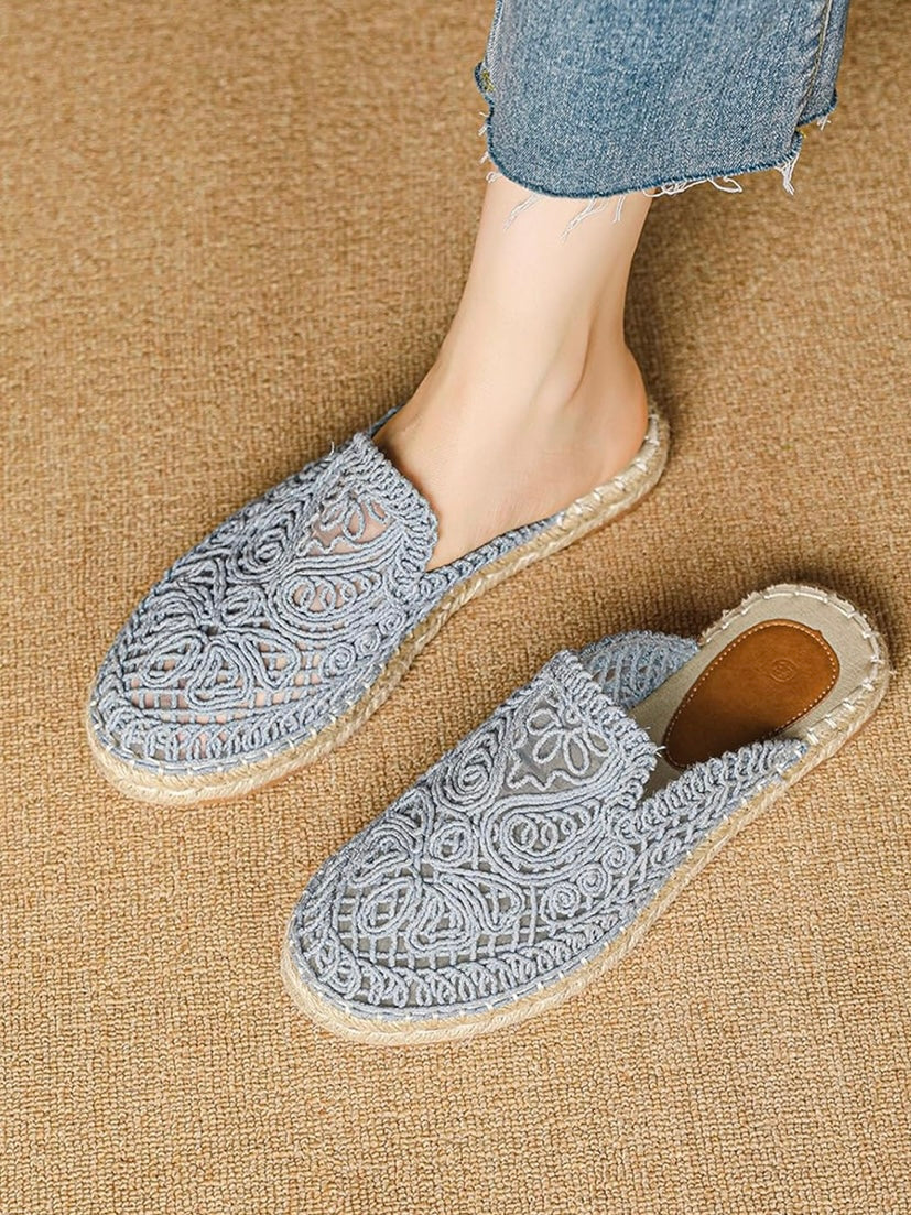 Beige floral embroidered espadrilles flats mules