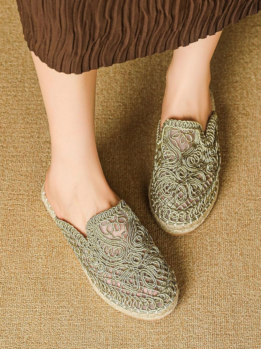 Beige floral embroidered espadrilles flats mules