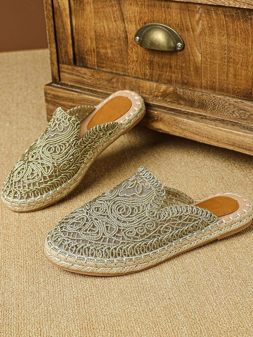 Beige floral embroidered espadrilles flats mules