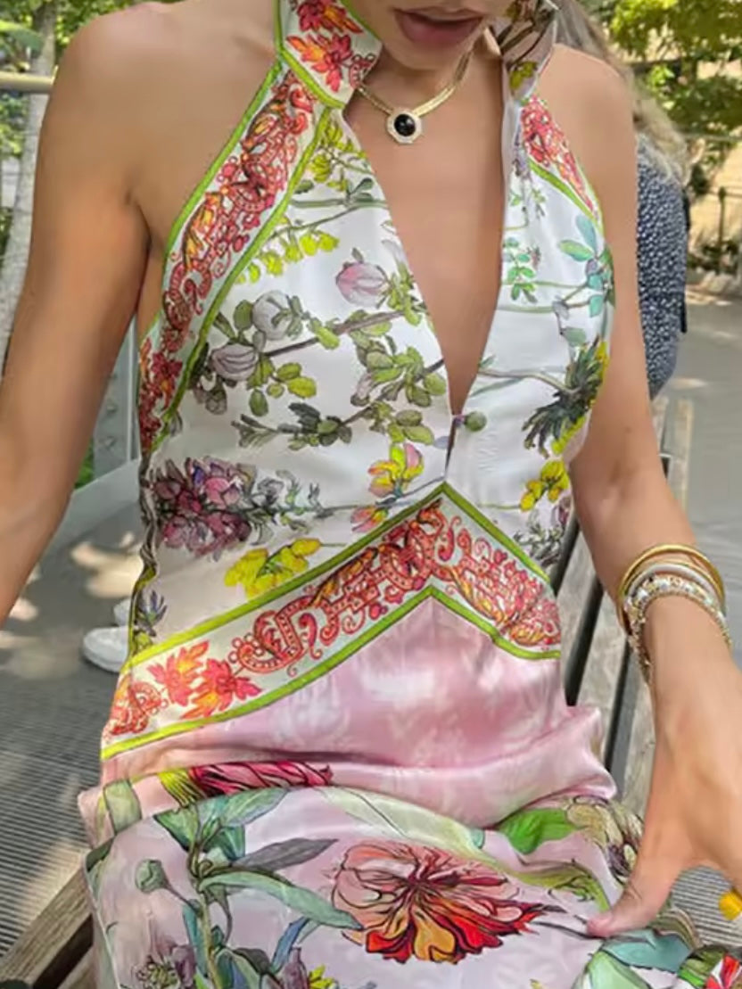 Pink and green floral printed maxi dress