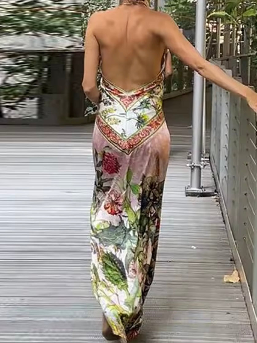 Pink and green floral printed maxi dress