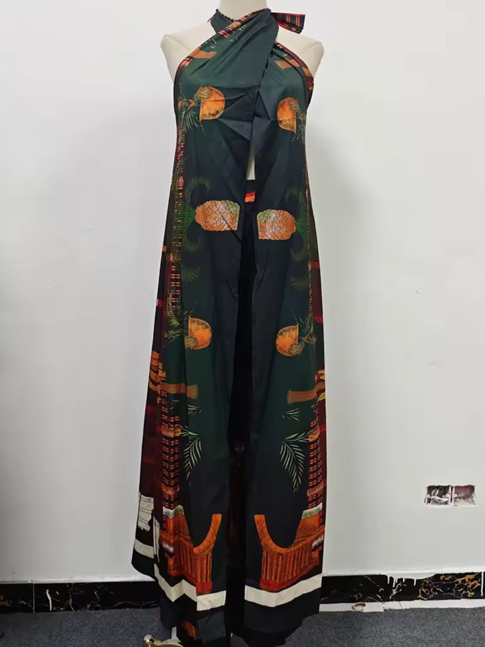 Green floral wide set pants