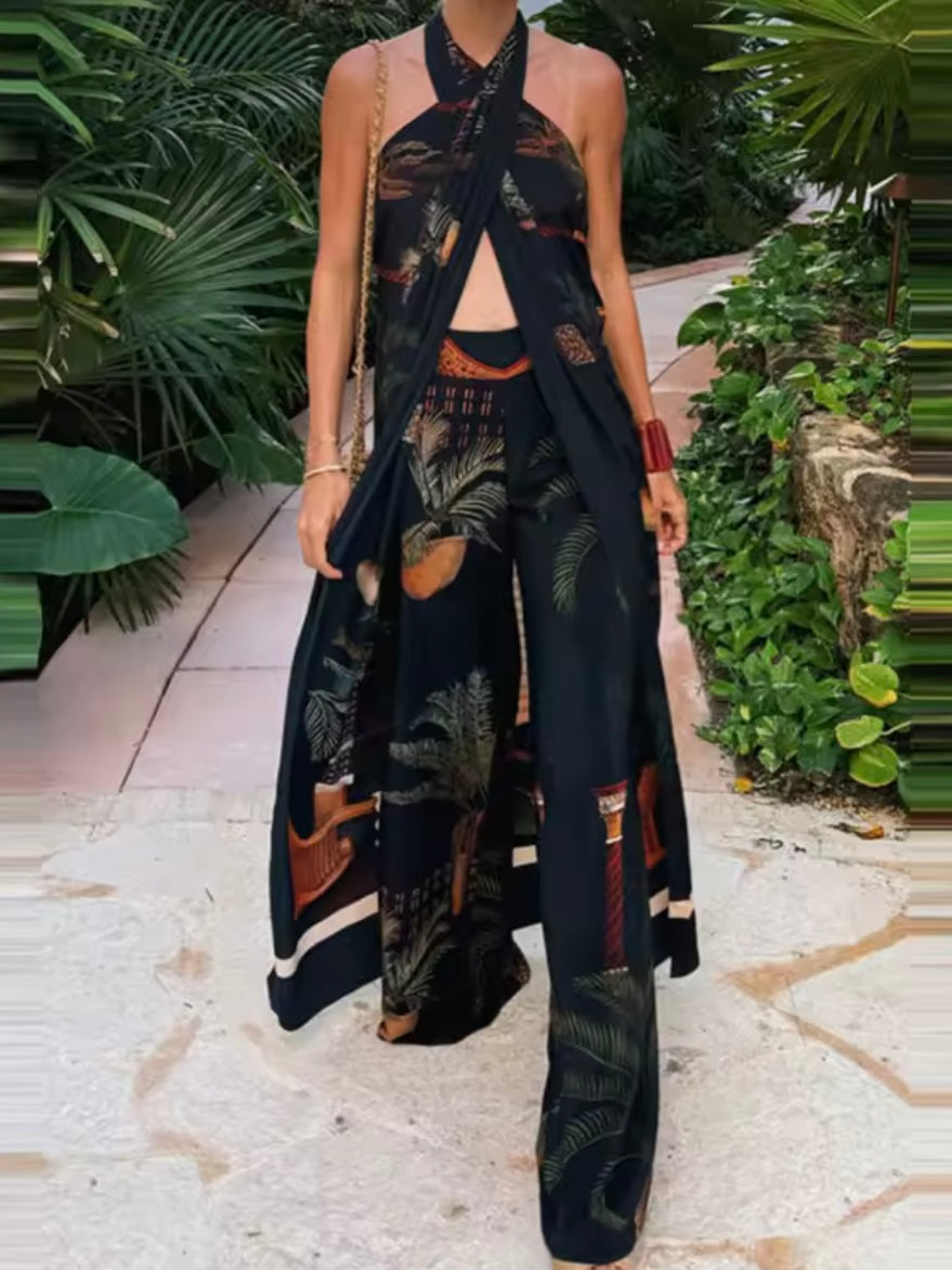 Green floral wide set pants