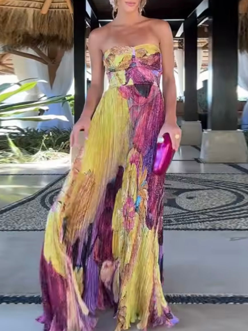 Purple and yellow floral elegant maxi dress