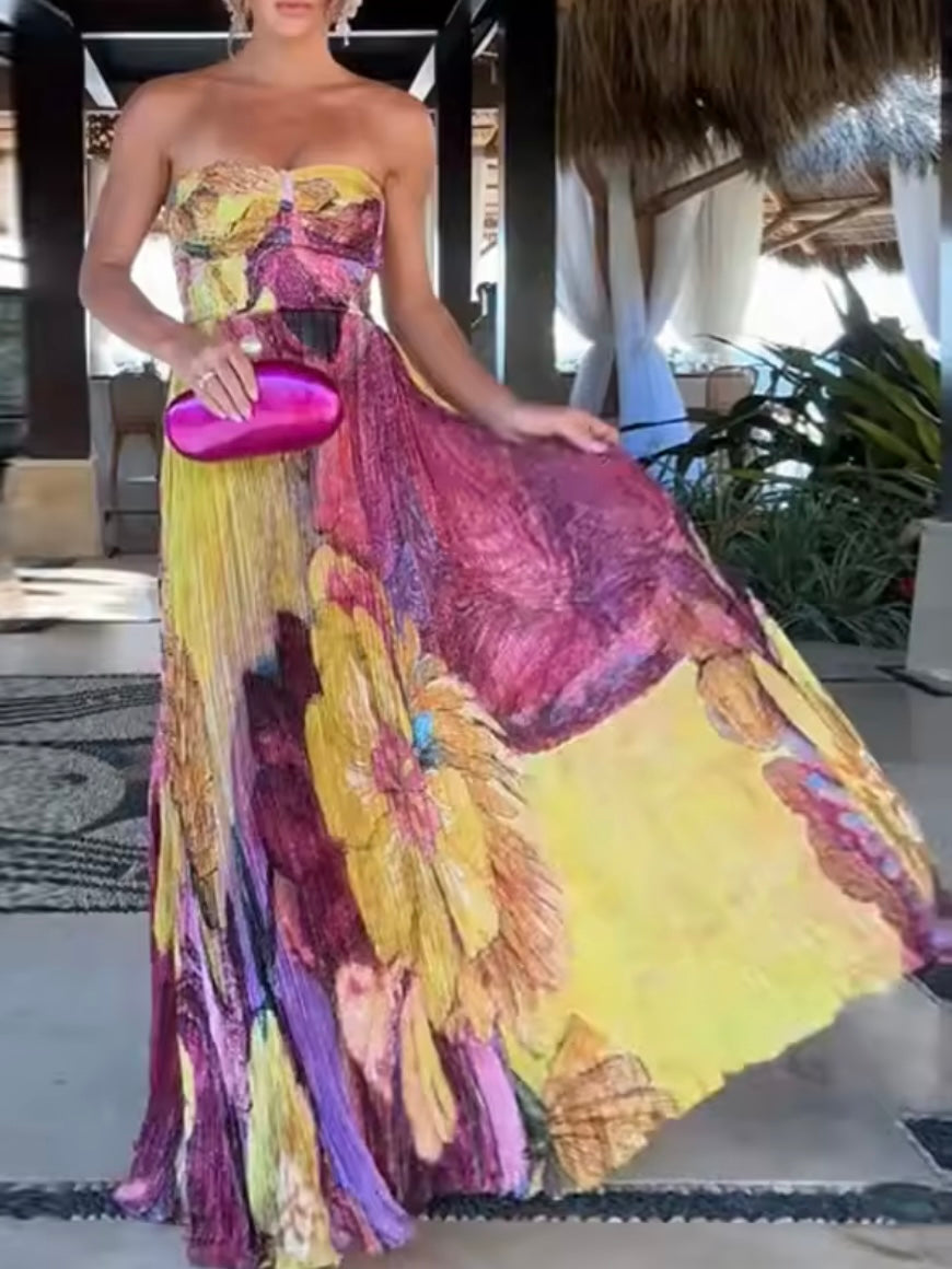 Purple and yellow floral elegant maxi dress