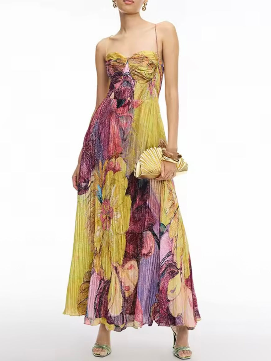 Purple and yellow floral elegant maxi dress