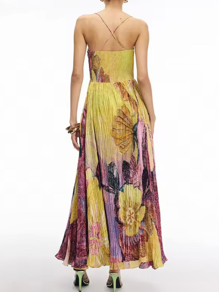 Purple and yellow floral elegant maxi dress