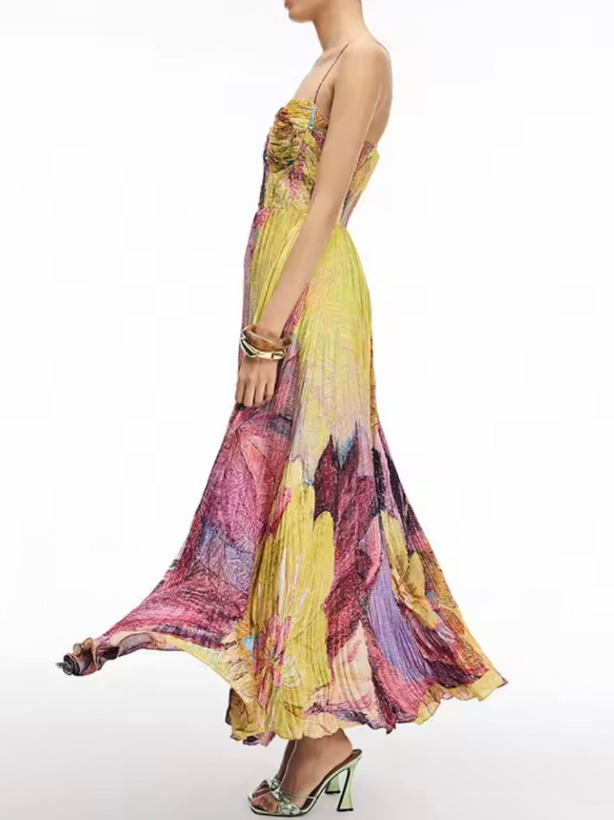 Purple and yellow floral elegant maxi dress