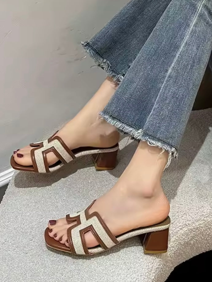 Natural straw and shine stones slides flats sandals