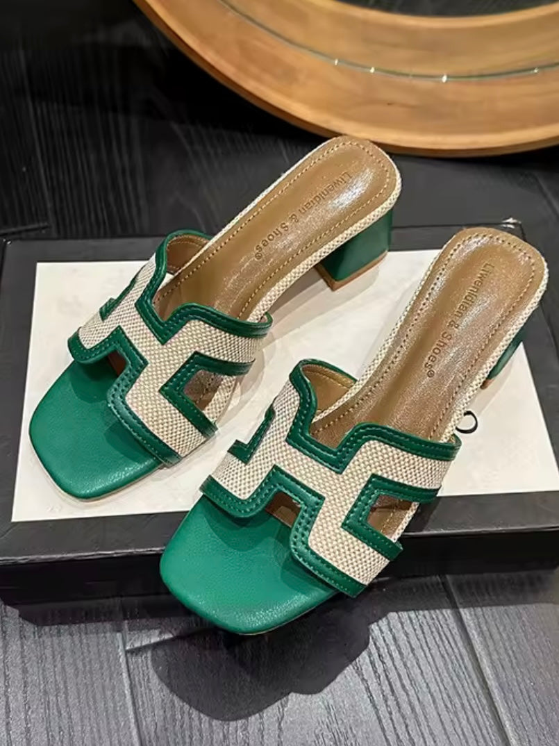 Natural straw and shine stones slides flats sandals