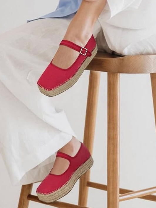 Canvas wedge espadrilles flat platform double strap