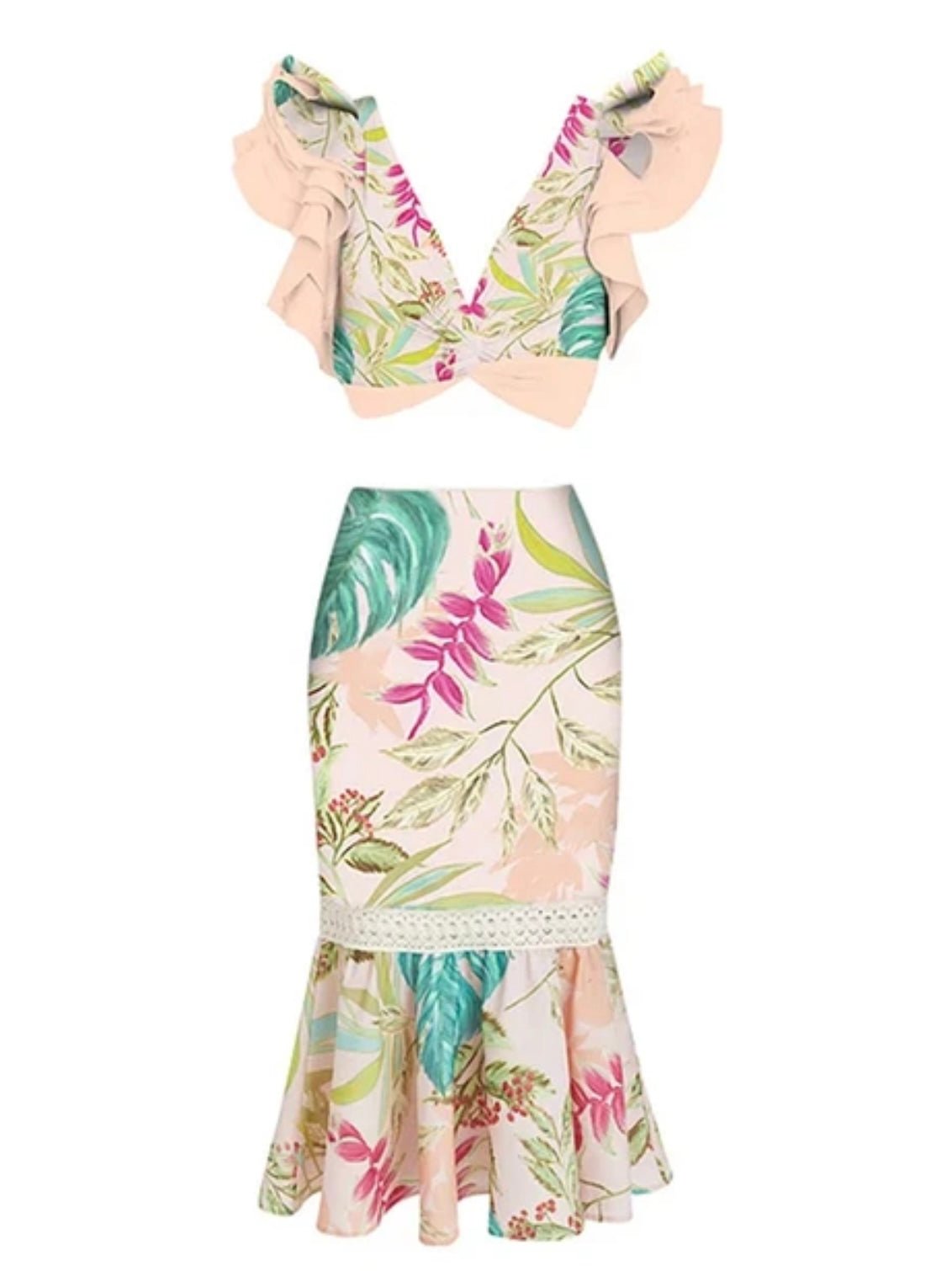 Beige nature floral ruffles top / bottom bikini - Wapas