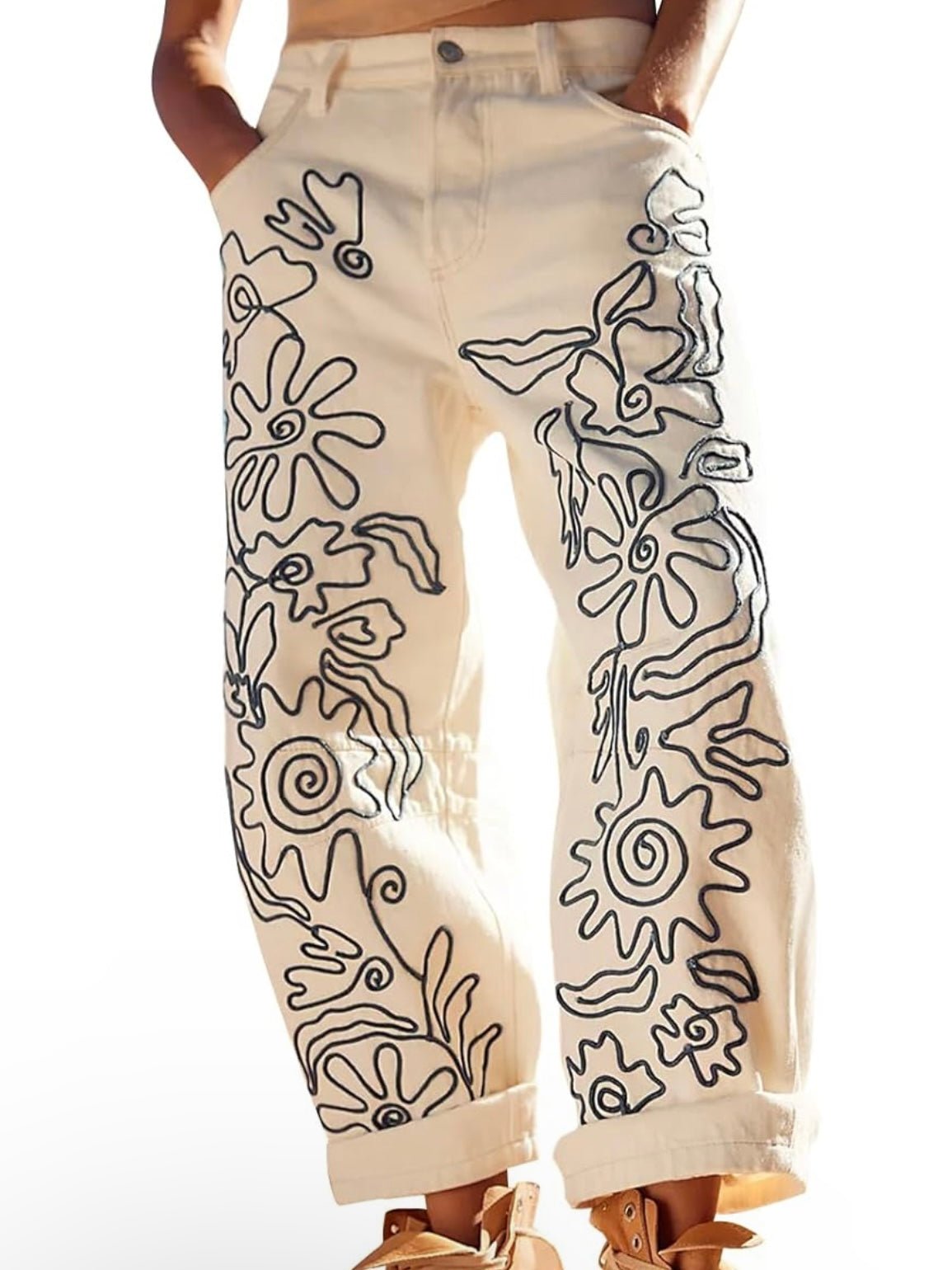 Black embroidered details baggy pants - Wapas