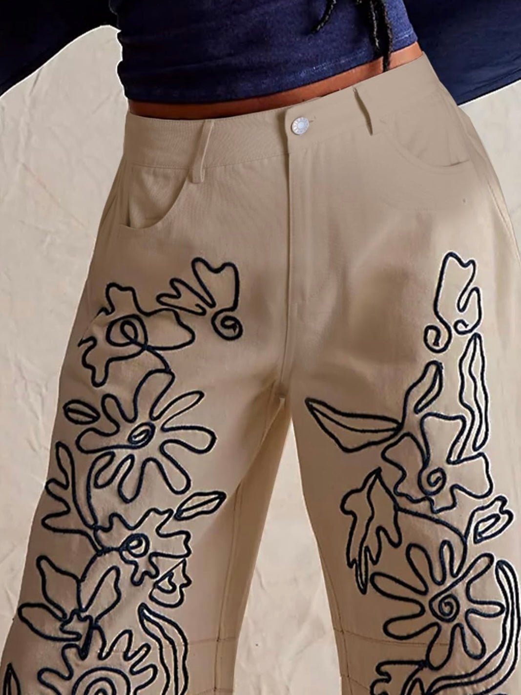 Black embroidered details baggy pants - Wapas
