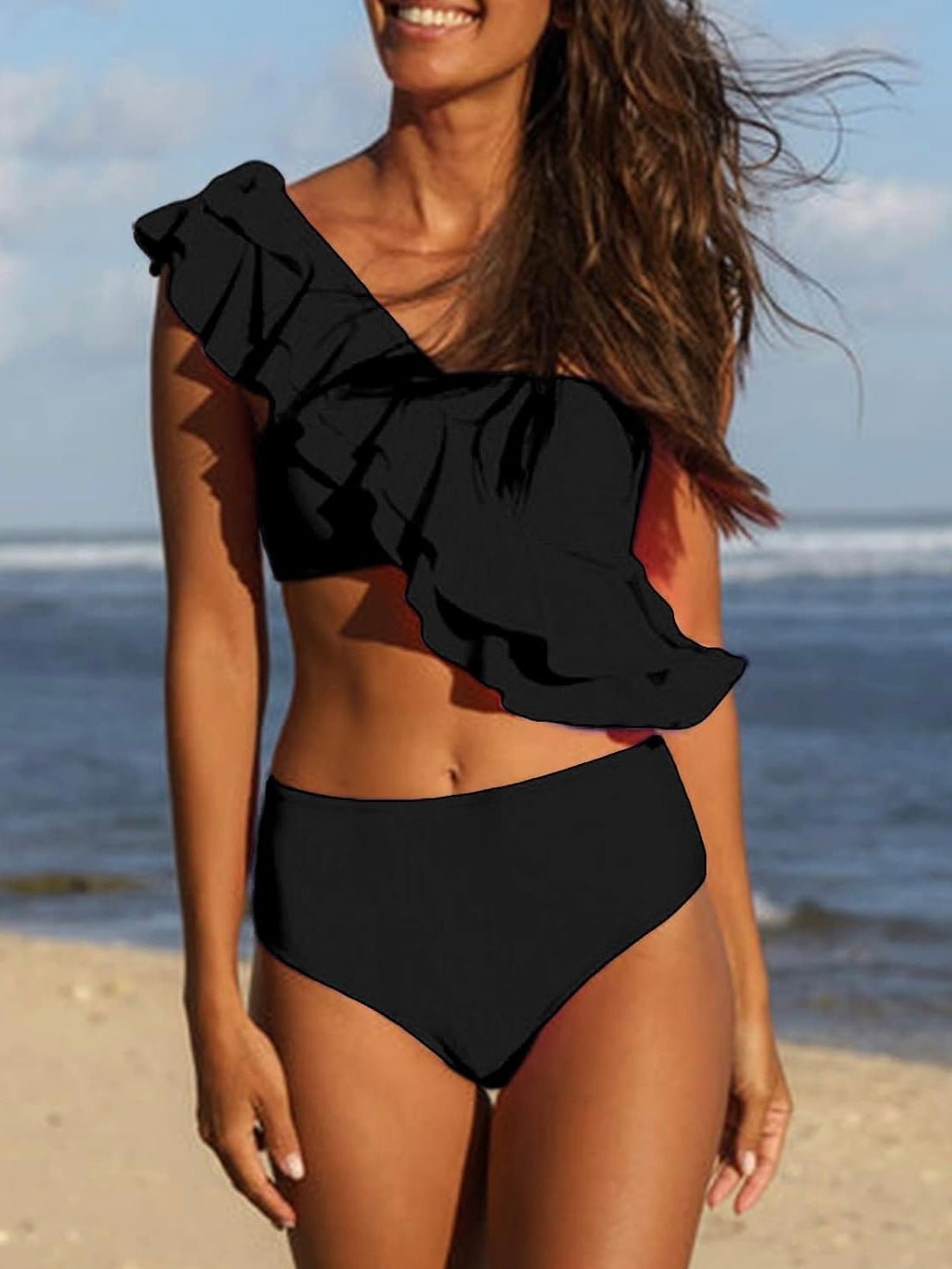 Black one shoulder top / high rise bottom bikini - Wapas