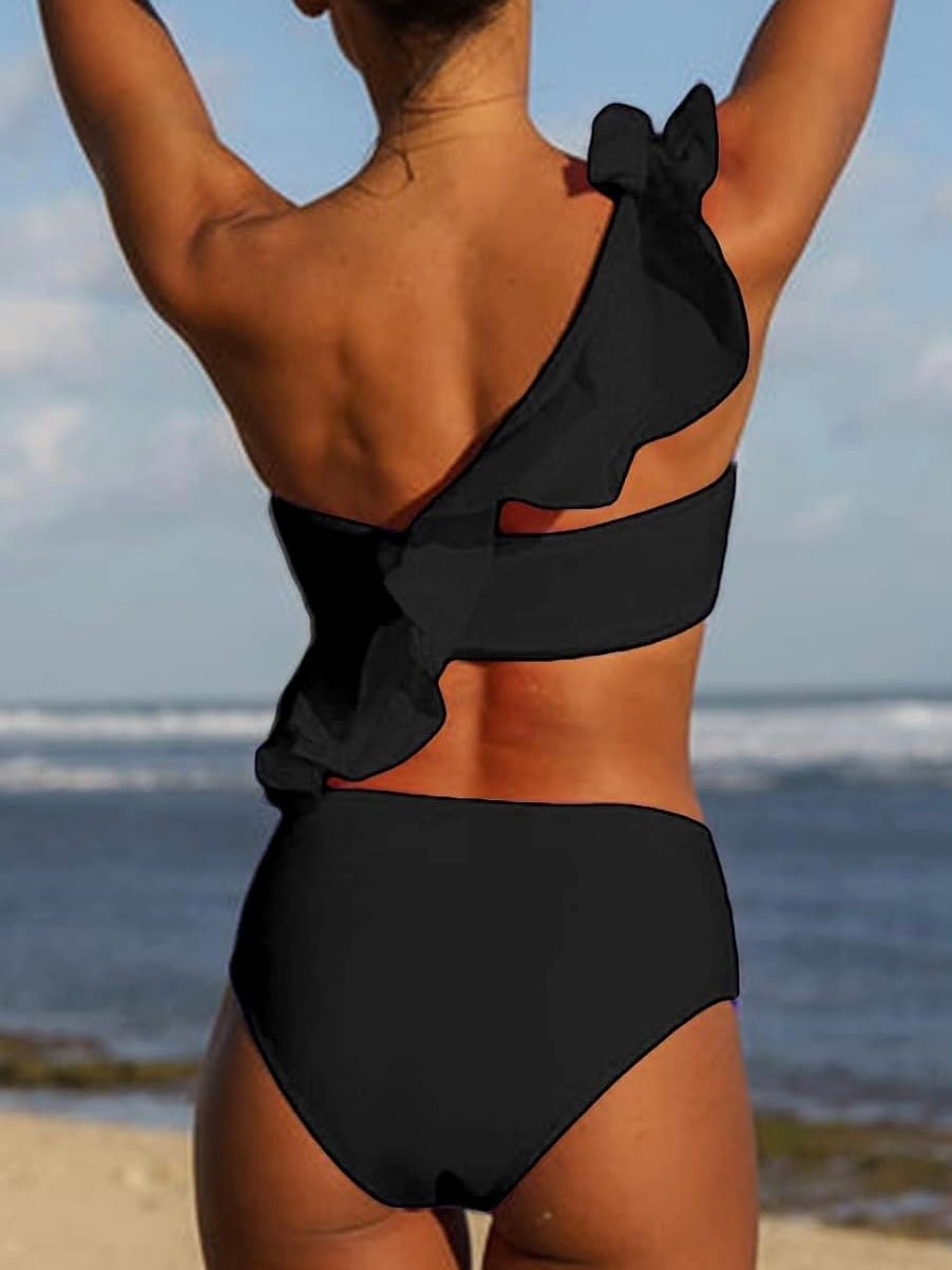 Black one shoulder top / high rise bottom bikini - Wapas