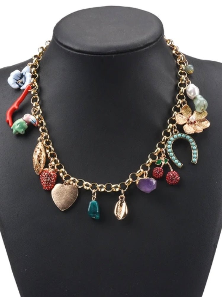 Coral, wood, pearl, flower, stones and heart necklace - Wapas