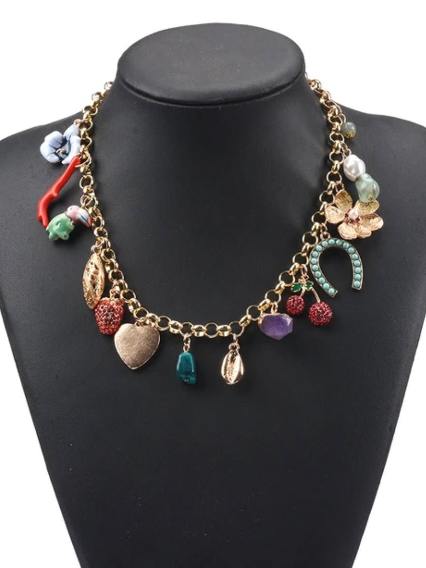 Coral, wood, pearl, flower, stones and heart necklace - Wapas