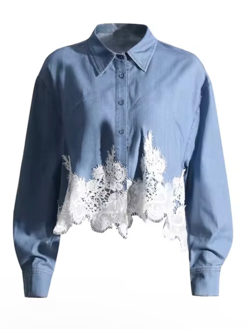 Light blue embroidered shirt white lace - Wapas