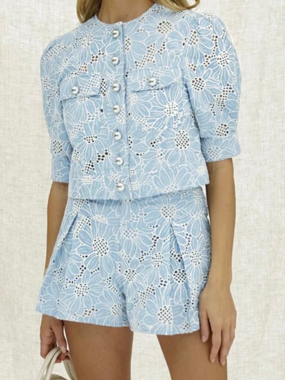 Light blue set embroidered top and short - Wapas