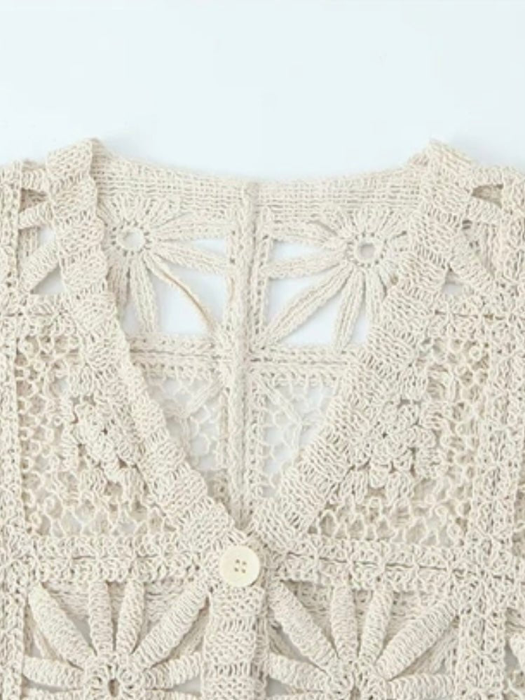 Off white knitted crochet sweater and pants set - Wapas