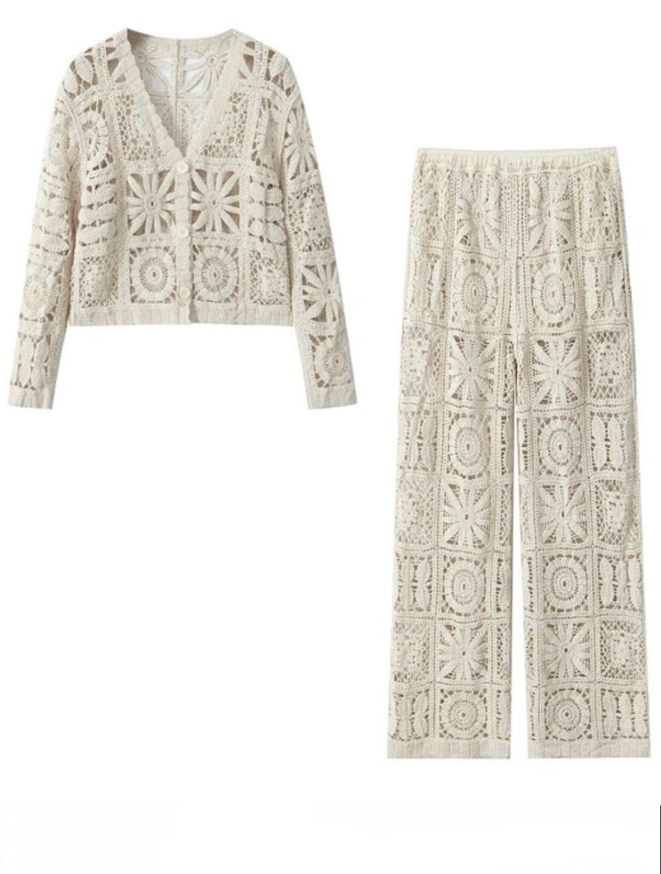 Off white knitted crochet sweater and pants set - Wapas