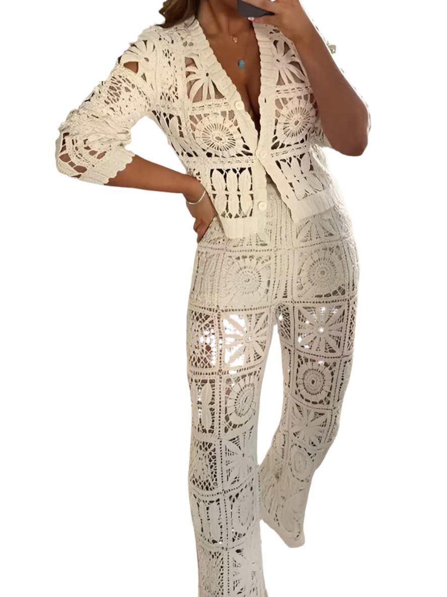 Off white knitted crochet sweater and pants set - Wapas