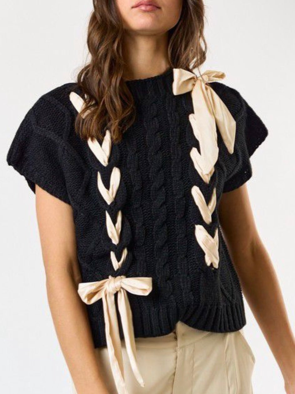 Satin bow black solid cable knit top - Wapas