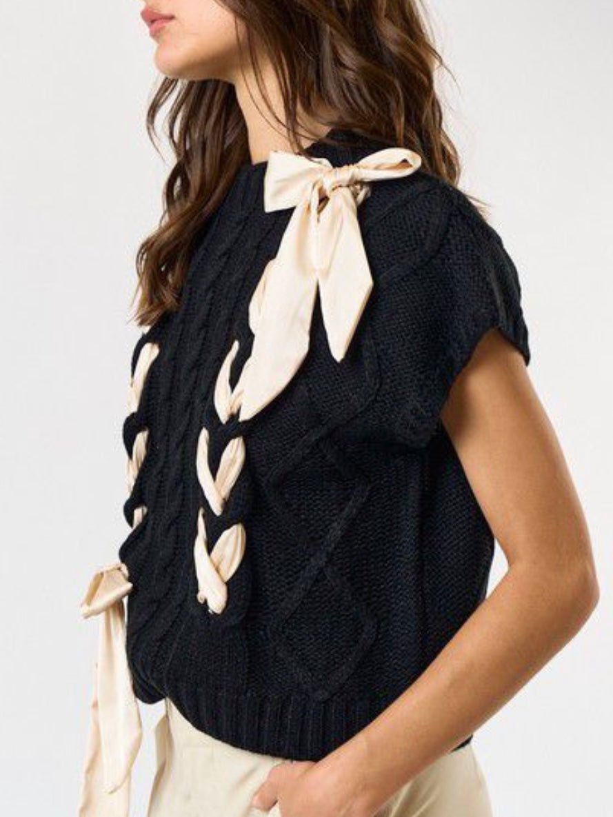 Satin bow black solid cable knit top - Wapas