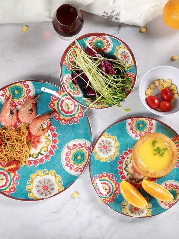 Set of 16 pieces turquoise flowers melamine tableware - Wapas
