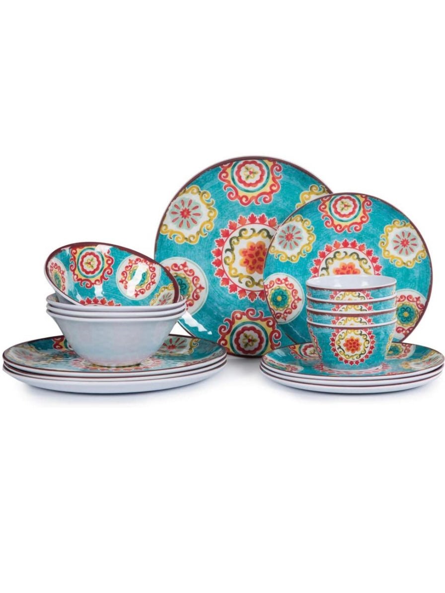 Set of 16 pieces turquoise flowers melamine tableware - Wapas