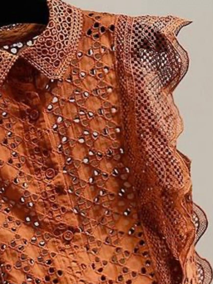 Orange laced short sleeves ruffles blouse