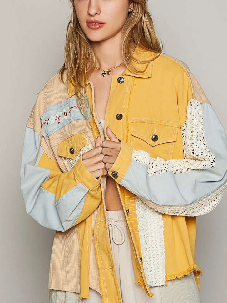 Yellow print patched mix fabrics shirt