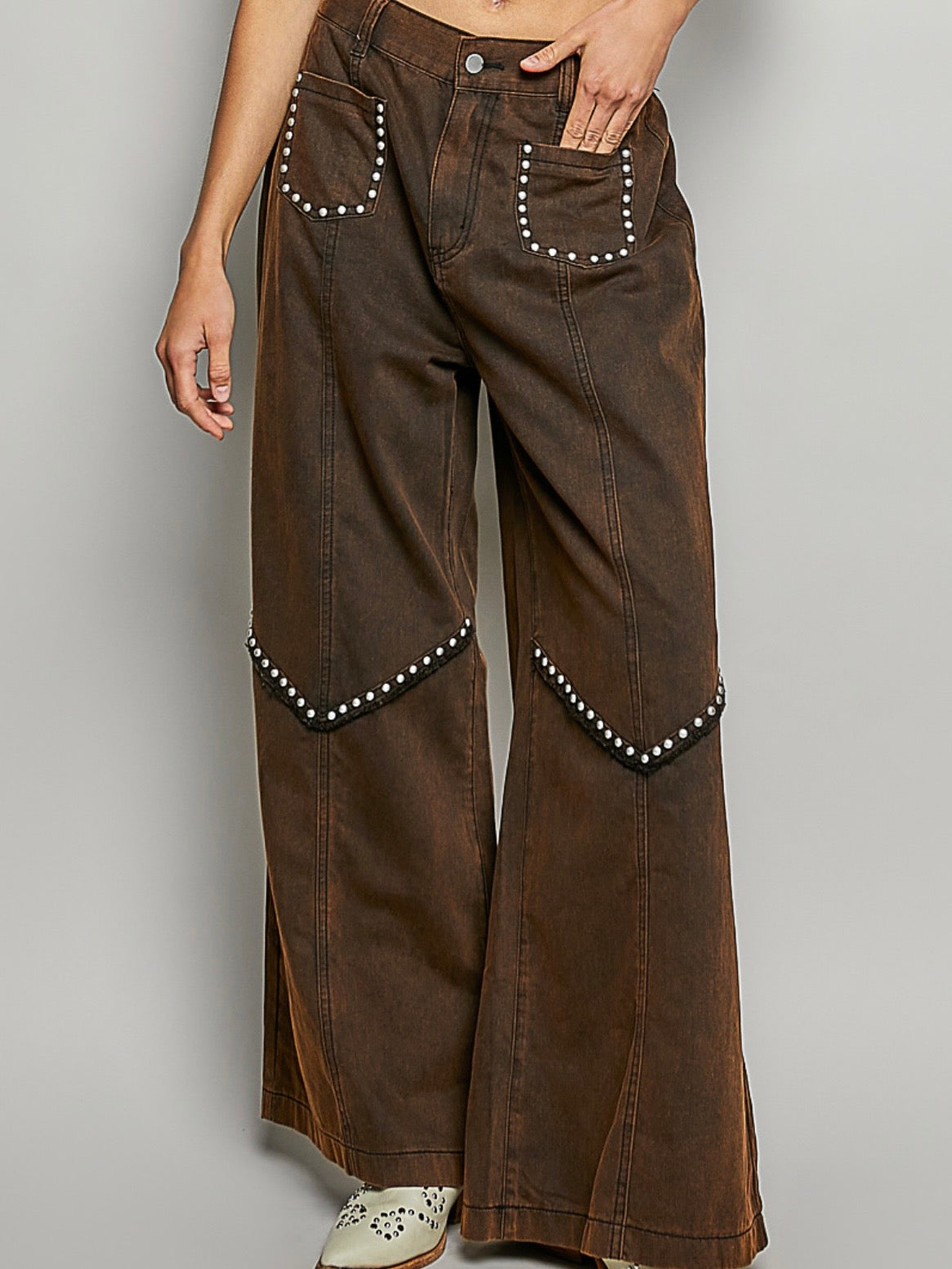 Brown studded wide leg jeans pants