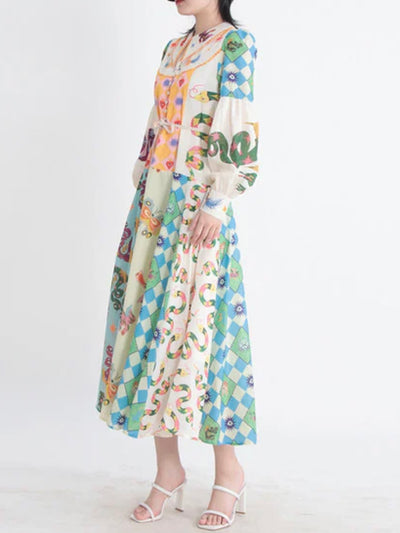 Beige and orange hearts, butterflies, snakes and sun maxi dress
