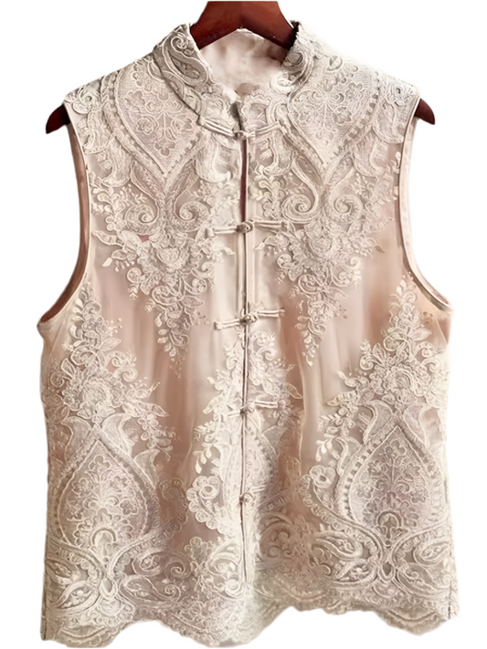 Beige embroidered texture lace top vest