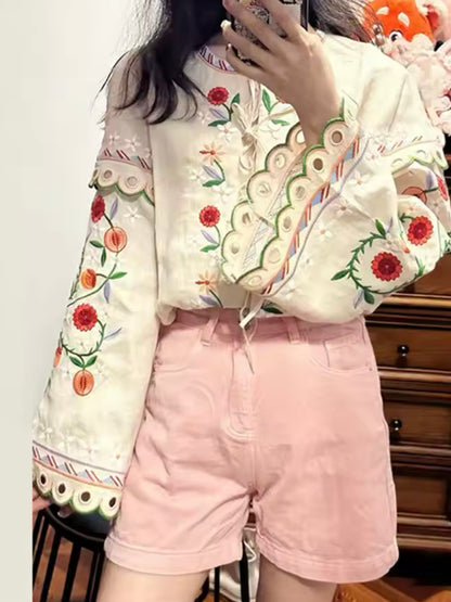 Beige floral embroidered wide sleeves shirt