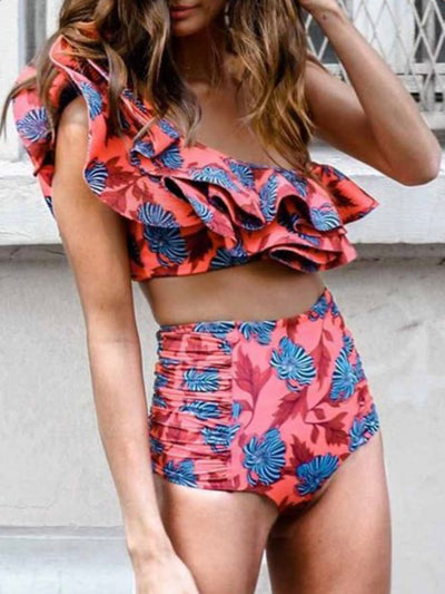Blue and coral red natura one shoulder top / bottom bikini