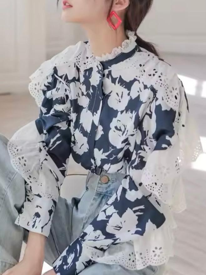 Olga blue floral lace details shirt