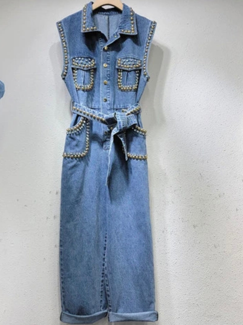 Mid blue gold metallic spikes denim sleeveless jumper