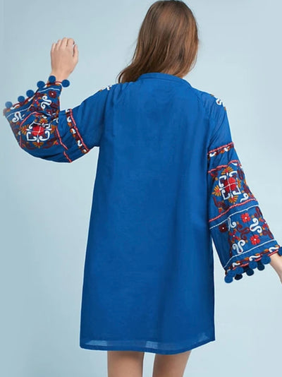 Bright blue embroidery long sleeve mini dress